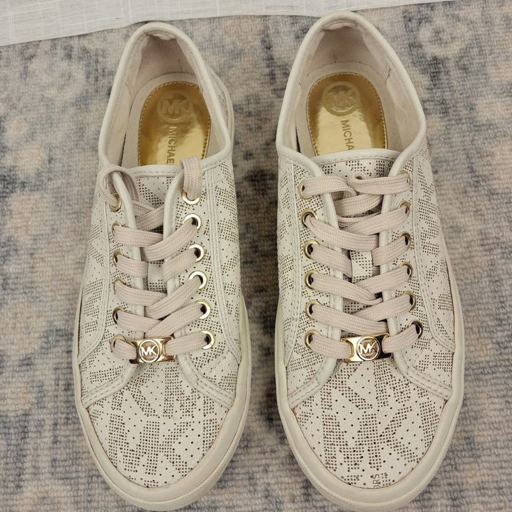 Michael Kors Womens Keaton Cream Gold Perforated Logo Low Top Sneakers 8M